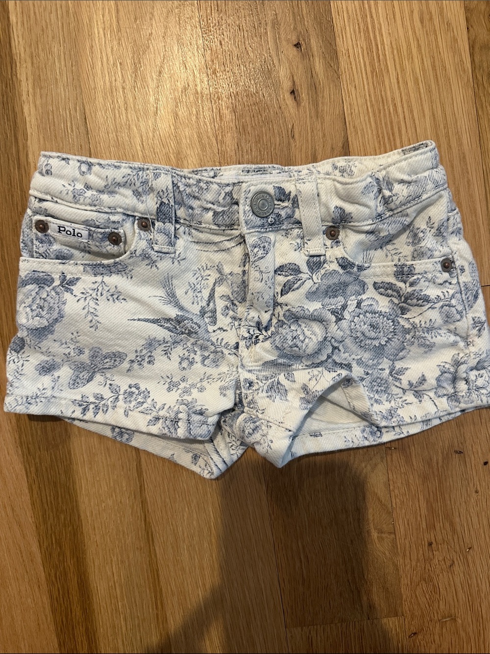 Polo by Ralph Lauren White Denim Shorts with Blue Floral Toile Print